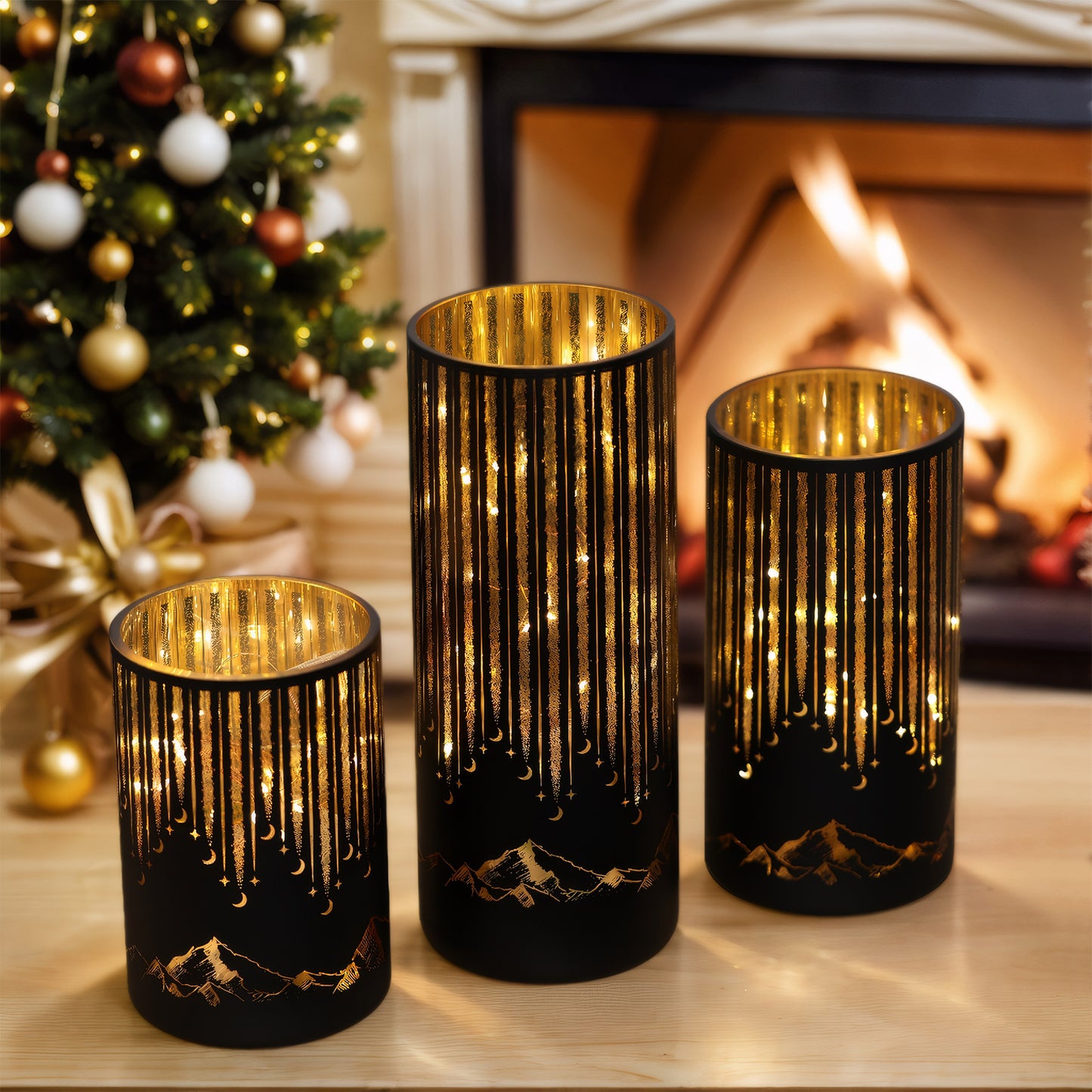 Bondwish Starry Mountains Hurricanes Candle Holders Set of 3