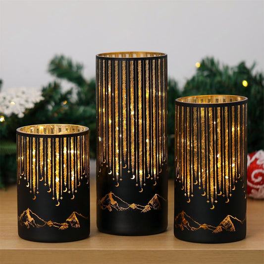 Bondwish Starry Mountains Hurricanes Candle Holders Set of 3（Black）