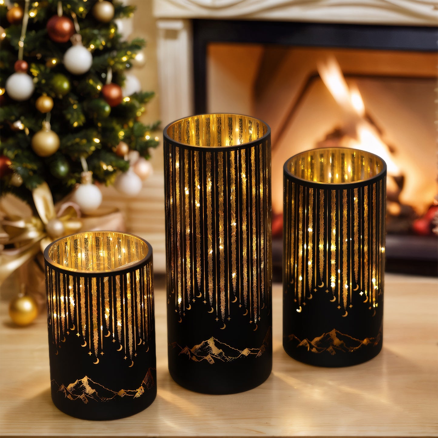 Bondwish Starry Mountains Hurricanes Candle Holders Set of 3（Black）